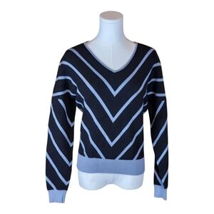 T Tahari Black Chevron V-Neck Sweater Light Blue Trim Soft Stretch Knit Chic L